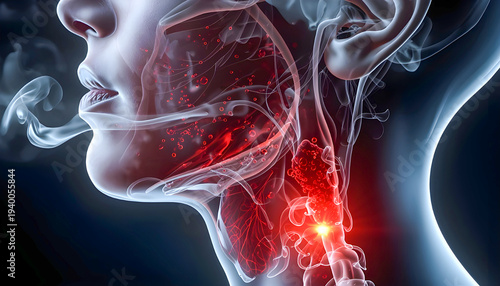 Ultra-Realistic AI-Generated Illustration of Human Throat and Airway Showing Irritation and Inflammation from Methamphetamine Smoke Exposure
