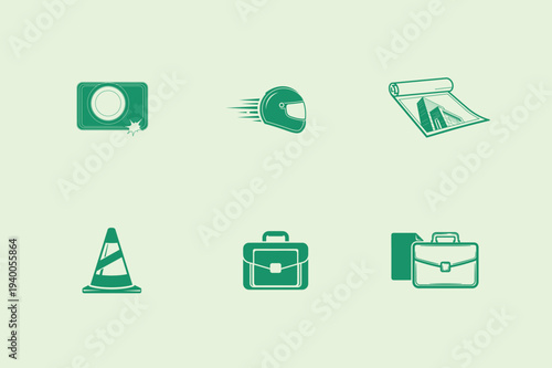 Collection of green business icons on a light green background, international workders' day