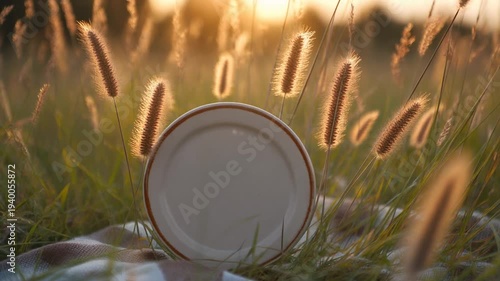 Empty ceramic plate on a blanket in sunlit grass