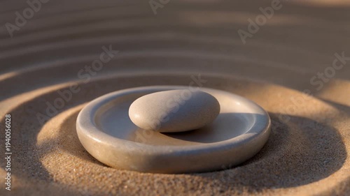 Floating oval stone perfectly balanced above tranquil Zen garden sand