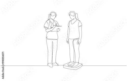  Continuous one line drawing of nurse measuring weight of female patient, Initial patient history taking, single line art