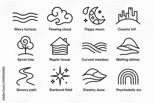 70s Dreamscape Icons. 70s dreamscape designs. Line outline icon set of 70s dreamscape designs: wavy horizon,