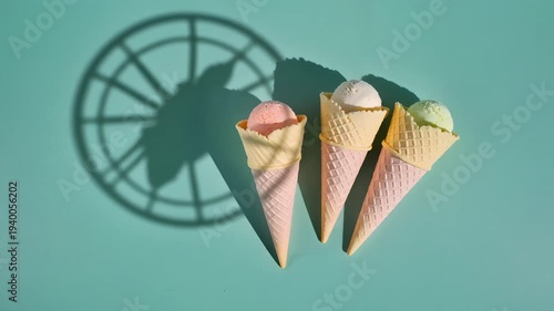 Three delicious ice cream cones with colorful scoops and globe shadow