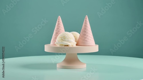Vanilla ice cream scoops with pink cones on a cake stand