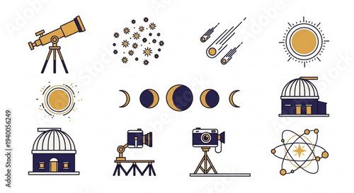 Astronomy and space exploration icons with telescopes planets and scientific equipment on white background