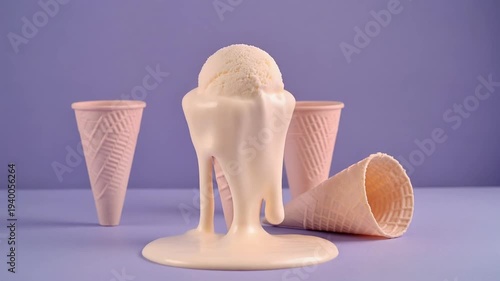 Pastel ice cream cones waiting to be filled on purple surface