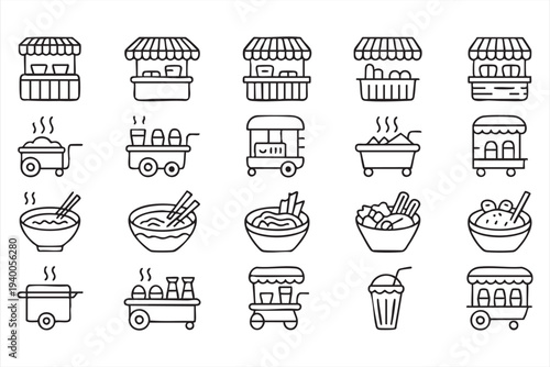 Fast Food And Street Market Line Icons For Restaurant And Vendor Design