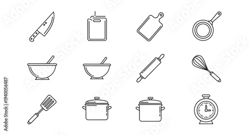 Kitchen utensils and cooking tools icon set with kitchenware