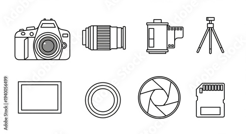 Camera equipment icons including a camera lens tripod and memory card on a white background for photography and videography concepts