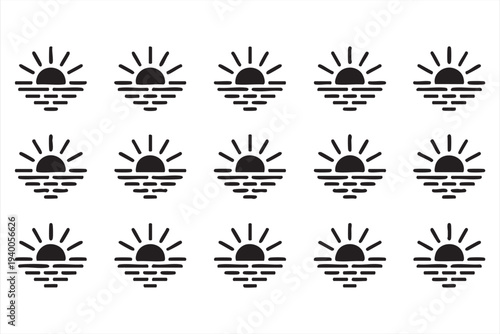 Sun Over Water Line Icons For Landscape And Environmental Graphics
