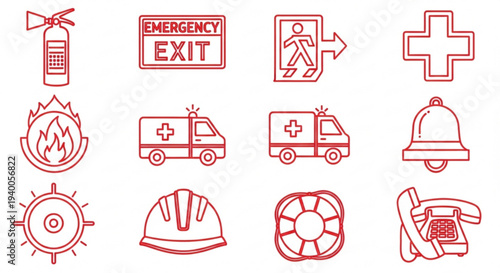 Emergency service icons including ambulance fire extinguisher and emergency exit sign on white background