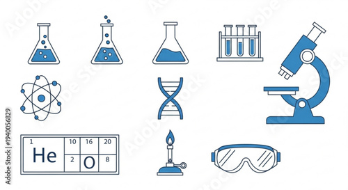 Science laboratory equipment and symbols on white background including microscope beakers dna atom and more for education and research