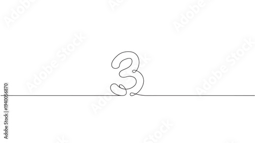 Number three single line drawing with black abstract loop and horizontal line on white background. featuring 3, numeral, digit with counting and