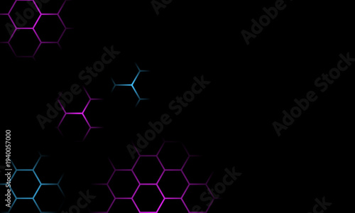 Modern hexagonal technology backdrop featuring neon blue and magenta flashes with a dark grid pattern, ideal for gaming, cyber, and futuristic design projects. eps10