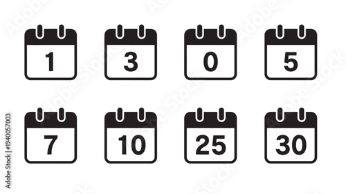 Calendars number icons set with varied dates including 1, 3, 0, 5, 7, 10, 25, and 30 featuring graphic design, ui design, ux design with web design