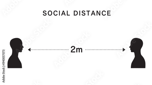 Silhouettes of people maintaining 2m social distance with dotted line and text overlay featuring coronavirus, pandemic, health with safety and two