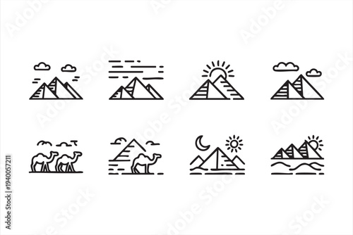 Egypt Desert And Pyramid Outline Icons With Camel And Sun