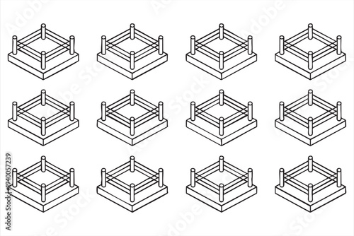 Boxing Ring And Wrestling Arena Line Icon Set For Combat Sports