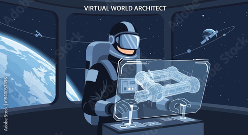 Astronaut Architect Designing Virtual Space Station on Futuristic Holographic Interface