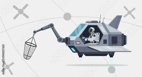 Astronaut in spaceship catching something with a net, futuristic space exploration