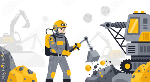 Astronaut miner extracting valuable minerals from asteroid surface with excavator