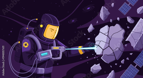 Astronaut mining asteroid with laser in deep space, futuristic exploration