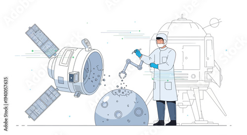 Astronaut performs space mission, repairing satellite near moon with robotic arm