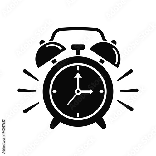Black and white illustration of an alarm clock ringing loudly
