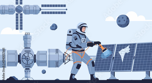 Astronaut repairs solar panels on space station with tools, outer space exploration