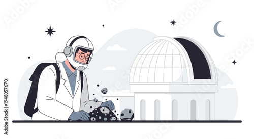 Astronaut studying asteroids near observatory dome under starry night sky