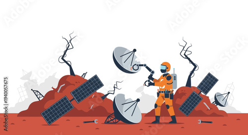 Astronaut repairing satellite on desolate Mars planet with solar panels