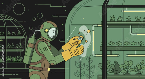 Astronaut tending to plants in a futuristic greenhouse on a space station