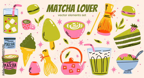 Matcha Lover vector sticker elements set with cartoon kawaii groovy funky illustration of japanese tea drink, matcha latte, desserts, ice cream for restaurant, retro cafe menu design, food blog