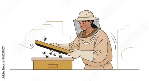 Beekeeper in protective suit tending to bees and honeycomb in apiary