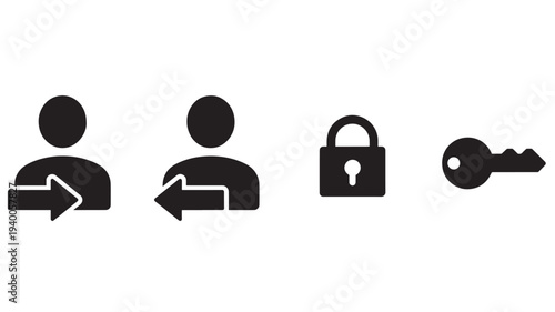 User icons with arrows, padlock and key symbols for security and access featuring profile icon, person icon, login icon with logout icon and sign in