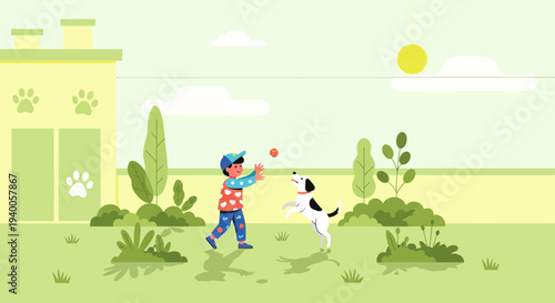 Boy playing fetch with dog in backyard, sunny day, happy childhood, pet friendship