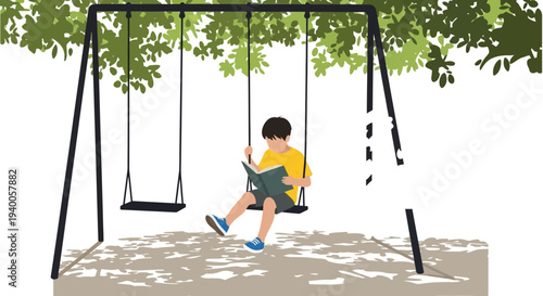 Boy reading a book on a swing under a tree, enjoying leisure time outdoors