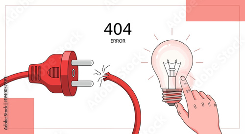 Broken Power Cord and Light Bulb: 404 Error Concept, Internet Connection Problem