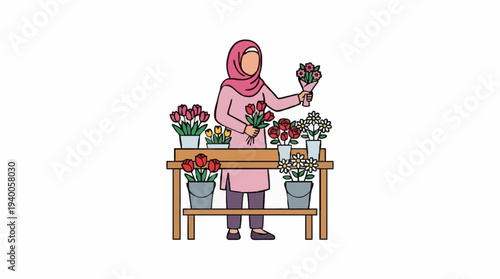 Woman In Pink Hijab Arranges Red Flowers At A Wooden Stall Displaying A Variety Of Fresh Blooms In Potted Arrangements