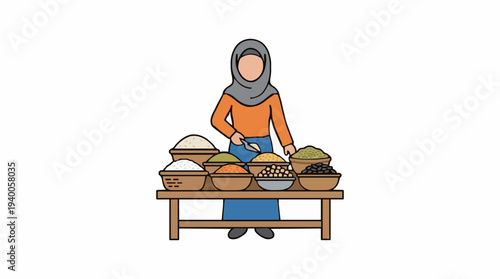 Woman Wearing Orange Top and Grey Hijab Offering Spices at a Market Stall