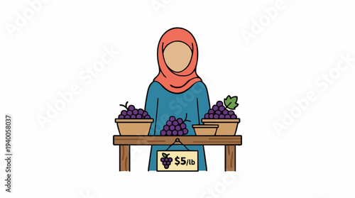 Woman Wearing Orange Hijab and Blue Abaya Selling Grapes at Wooden Stall with Price Sign Showing 5.99