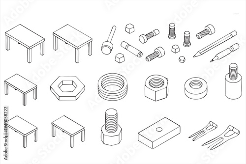 Industrial Hardware And Fasteners Line Icon Collection