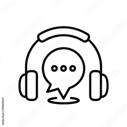 Black line drawing of a chat bubble wearing headphones