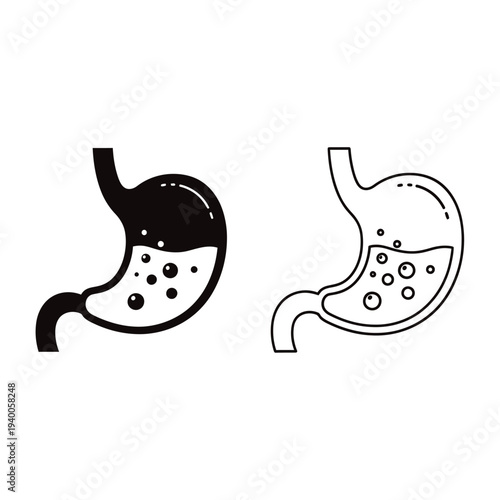 Black and white line art illustrations of a human stomach with food