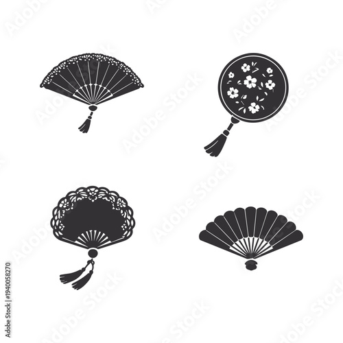 Traditional Asian Hand Fan Silhouette Set Decorative Folding Fan Vector Collection