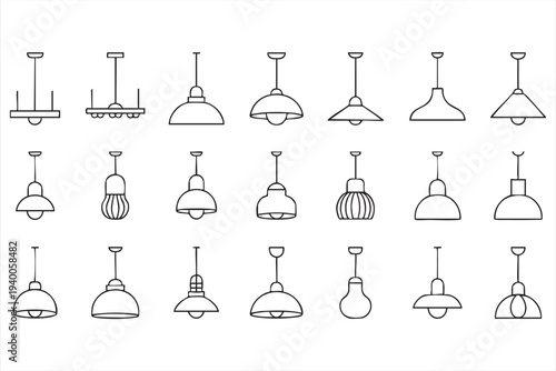 Hanging Ceiling Lamp And Lighting Fixture Line Icons
