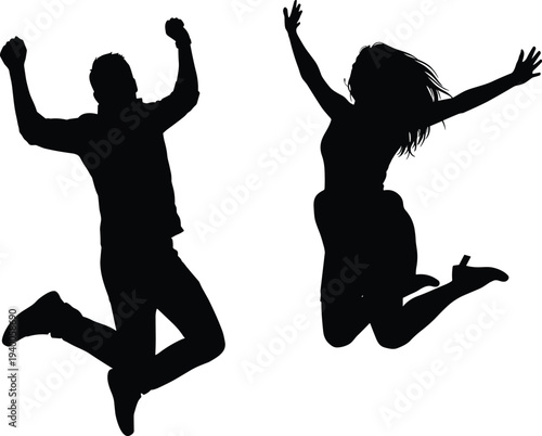 Black silhouettes of happy man and woman jumping in joy celebrating success and freedom isolated on white background vector illustration