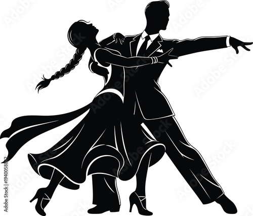 Elegant ballroom dance couple silhouette in dynamic pose featuring man in suit and woman in flowing dress for gala event.