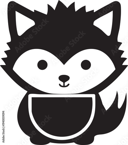 Cute cartoon fox silhouette illustration with fluffy hair and bushy tail isolated on white backdrop