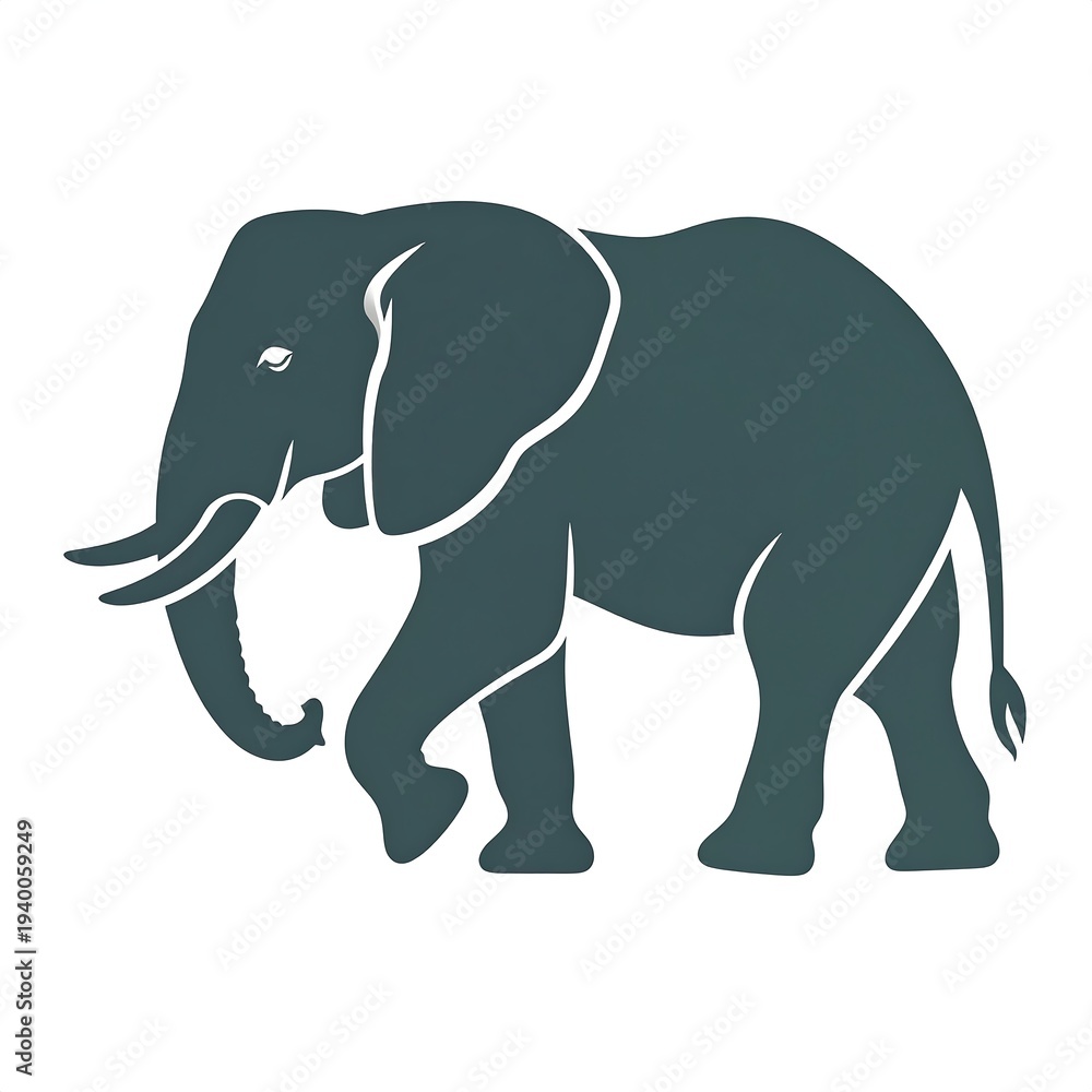 Fototapeta premium A dark green elephant silhouette with white outlines on a white background